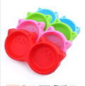 Double Cat Face Shaped Bowls - Multi Colour - Plastic Cats Bowl Kittens Puppy Dogs Pets Feeding Bowl - Multi Colour